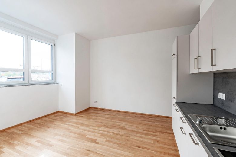 न्यूरेमबर्ग-गोस्टेनहोफ़ में आधुनिक 3,5-कमरों वाला मेज़ोनेट अपार्टमेंट – नया निर्माण, भरपूर प्राकृतिक रोशनी और लॉफ़्ट शैली – Helle Wohnküche EG mit EBK