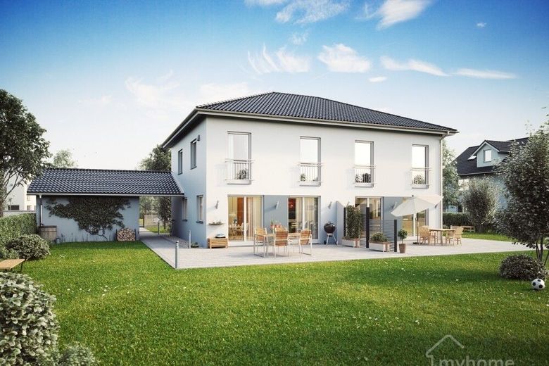 Doppelhaushälfte in Massivbauweise provisionsfrei vom Bauträger - Bezug in 2027 – Hausansicht Doppelhaus