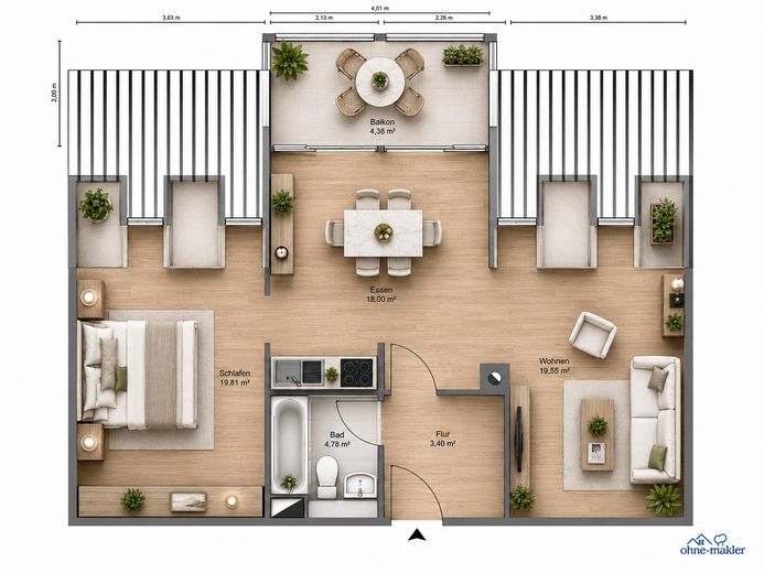 hell und geräumig: renovierte 2 Zimmer DG-Wohnung auf 69m² mit großem Gaubenbalkon ohne Provision – aktueller Grundriss 2-Zimmer