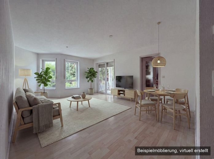 Helle 3-Zimmer-Erdgeschosswohnung mit Terrasse, Garten und Fußbodenheizung, Stellplätze optional – Wohnen und Essen (KI-möbliert)