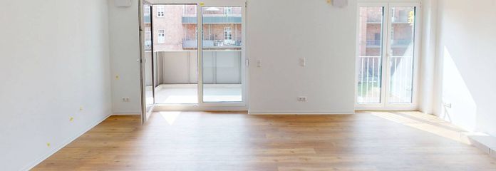 Moderne 2-Zimmer-Wohnung mit EBK und BALKON im Neubauquartier FIELD 4 – Ansicht I: Wohn- und Esszimme…