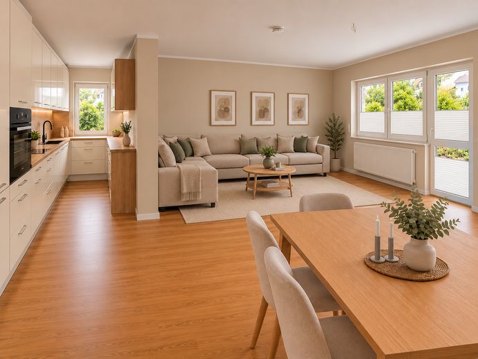 Möblierte 5-Raum Wohnung mit 2 Bädern, Einbauküche und Terrasse – Wohn und Essbereich