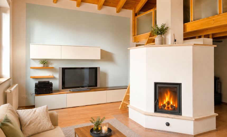 Exklusive Dachgeschosswohnung mit Galerie, Kamin und außergewöhnlichem Wohnambiente – Wohnzimmer  mit Kamin