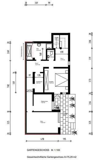 Gartengeschoss bemaßt