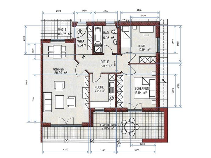 Appartement 3 pièces avec terrasse sur le toit à Ingolstadt-Nordwest, place de parking en garage souterrain incluse - sans commission – Bemaßter Grundriss