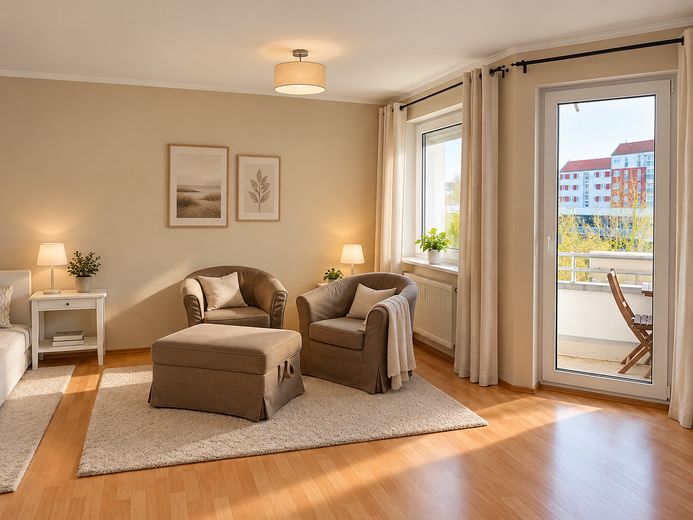 Helles 1-Zimmer-Apartment mit Südbalkon, Einbauküche und Stellplatz in Nürnberg-Laufamholz – Wohnen 1