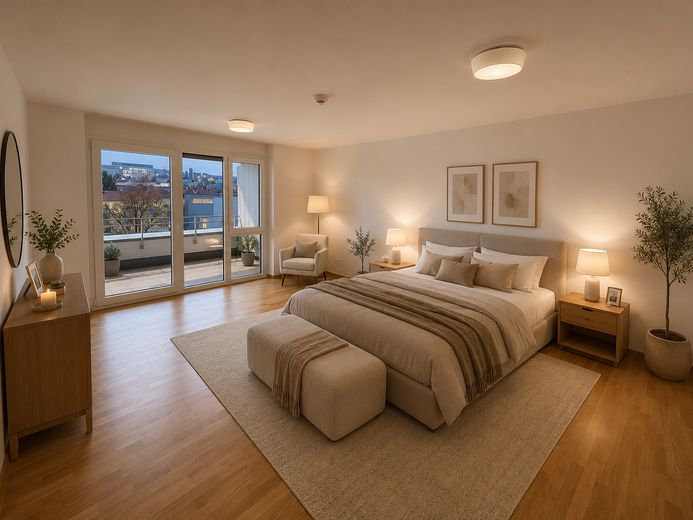 Attraktive 2-Zimmer-Wohnung – barrierefrei, mit Balkon, EBK und herrlicher Aussicht – Schlafzimmer