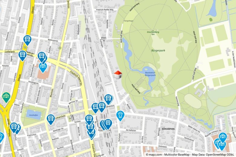 Wohnen wie im Haus: Ebenerdig 3 Zimmer mit Garten u. Tiefgarage am Bürgerpark im Neubau von 2023 – Geolyzer Kartenausschnitt