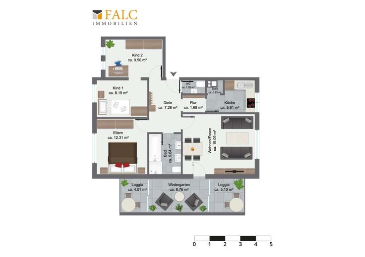 gemütliche Familienwohnung: 4 Zimmer mit Wintergarten, zwei Loggien &amp; Tiefgaragenstellplatz – Grundriss
