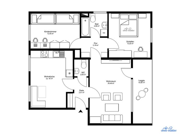 Sessiz ve yeşil: Grafenberger Wald yakınında SW balkonlu 3 odalı, 74 m² daire – Grundriss