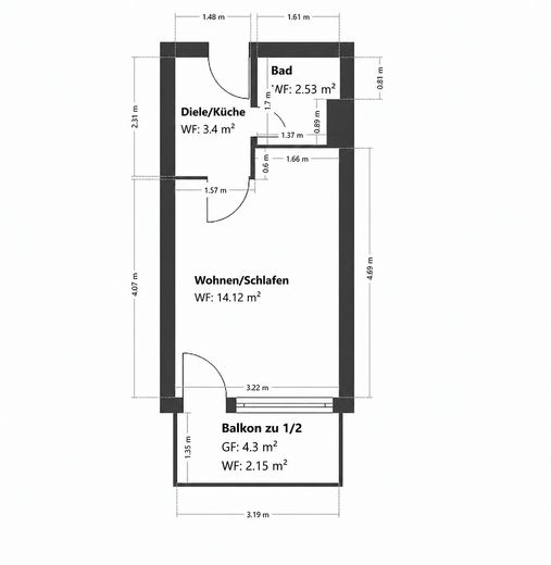 Gruntownie wyremontowany 1-pokojowy apartament w Schwabingu z balkonem od strony południowej i miejscem w garażu podziemnym – bez prowizji – Grundriss