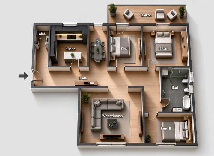 Gepflegte 4-Zimmer-Wohnung Balkon inkl. Tiefgarage Platz – Grundriss