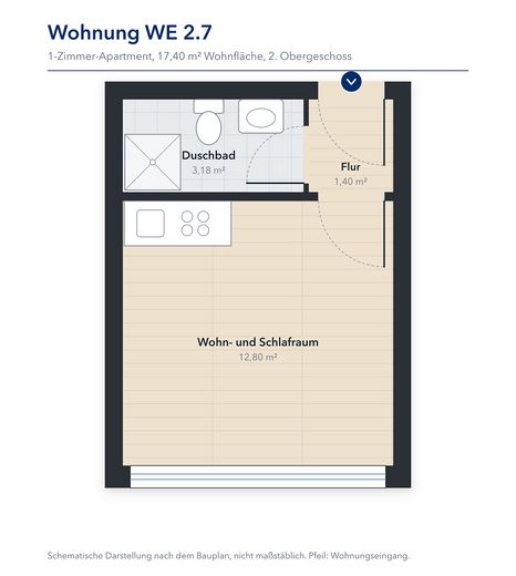 1-room apartment for rent in Vechta (WE 2.7) – Grundriss, nicht maßstäblich