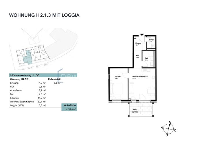 2-Zi. - Eigentumswohnung im ILLERPARK | 55,6 m² | Erstbezug (2.1.3) – Wohnung H2.1.3 mit Loggia