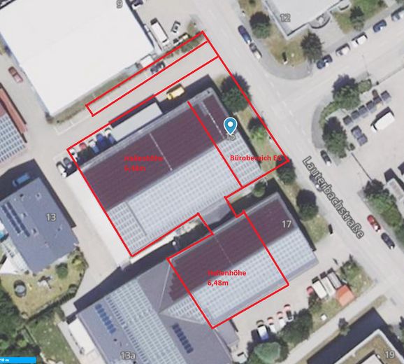Hal met 300 m² en 6,50 m vrije hoogte, volledige warmte-isolatie – Luftbild