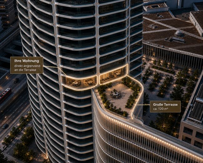 GRAND TOWER UNIEK | Het enige appartement met een privéterras van ca. 121 m² – Vogelperspektive