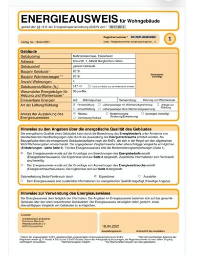Schöne, helle 3-Zimmer Wohnung in Burgkirchen – Energieausweis Seite 1