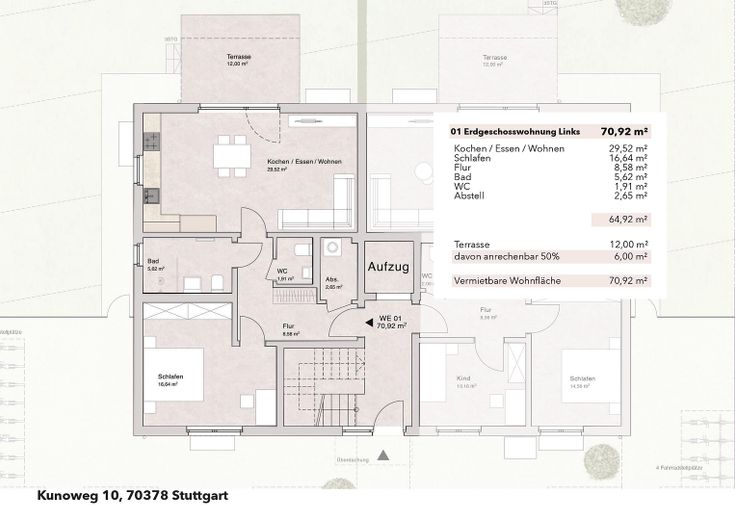 Primera ocupación: 2× vivienda de 2 habitaciones con ascensor - a elegir con jardín de 100 m² o balcón orientado al sur – WE01 Grundriss EG