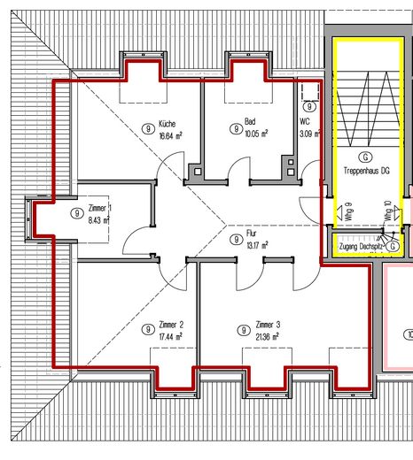Dachgeschoss-Rohling (ca. 79 m²) zum Selbstausbau in der Südweststadt / + Ausbauoption im Dachspitz – Möglicher Grundriss nach Umbau