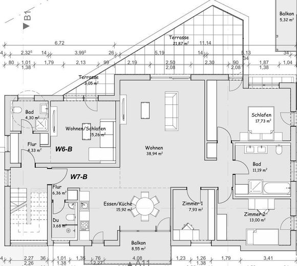 4-Zimmerwohnung in Traumlage mit Kachelofen, Balkon, Dachterrasse, Gästebad und Garage – Grundriss W7
