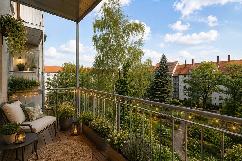 2-Zi. Wohnung + Balkon + Keller + Garten + Aufzug – Balkon Ost-/Gartenseite