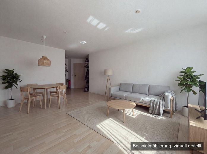 Helle 3-Zimmer-Erdgeschosswohnung mit Terrasse, Garten und Fußbodenheizung, Stellplätze optional – Wohnbereich (KI-möbliert)