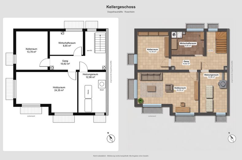 Rosenheim’de merkeze yakın bahçeli ve garajlı ikiz ev, komisyonsuz – Kellergeschoss