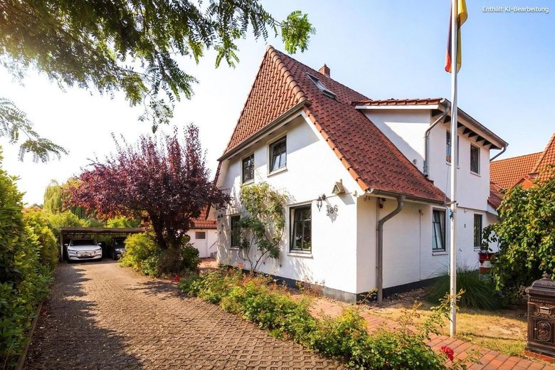 Family home with sauna, practice, cold room, barbecue hut, photovoltaic system and large garden in Horn-Lehe – Vorderansicht