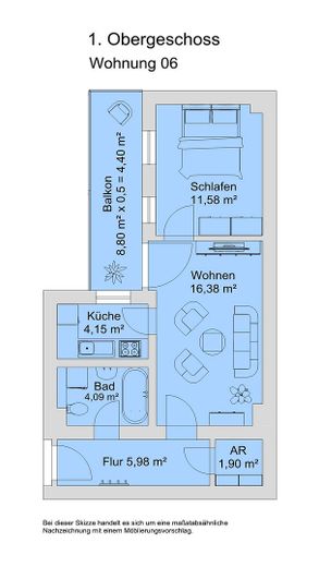 Grundriss 2 Zimmer mit Balkon
