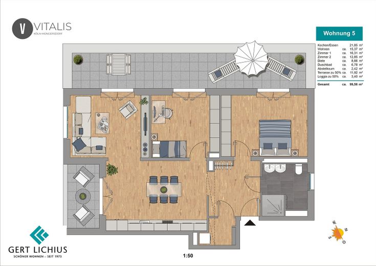 Viel Platz und Penthouse Feeling: Großzügige 3-Zimmer-Wohnung mit Dachterrasse, Müngersdorf – Grundriss