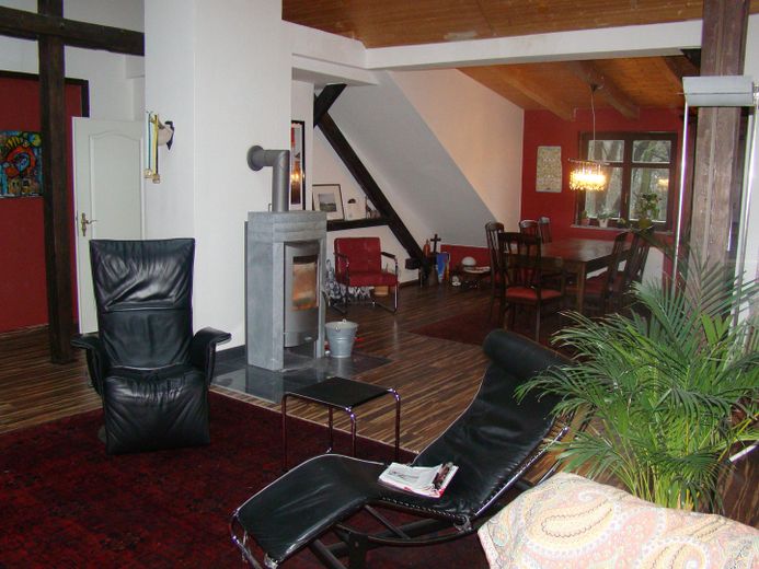 Exklusiv DG-Penthouse JAGDSCHLOSS 20km von L-Bhf 210m², 40m² Dachterrasse, Park, See, 2 Bäder – Wohnzimmer Mieterkamin