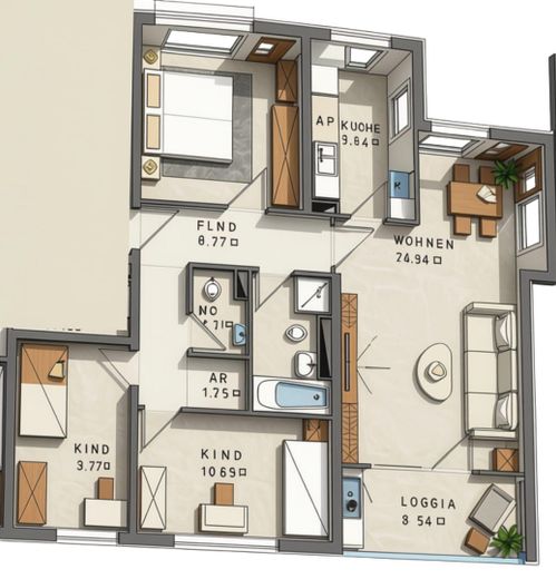 Світла 4-кімнатна квартира з балконом і гаражем – Grundriss