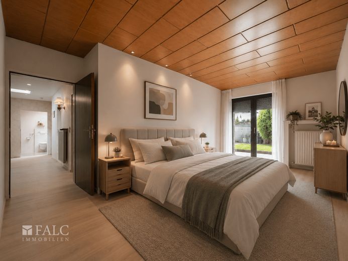 Bungalow mit Garten in ruhiger Wohnlage von Dorsten-Hardt – Schlafzimmer (KI-Generiert)