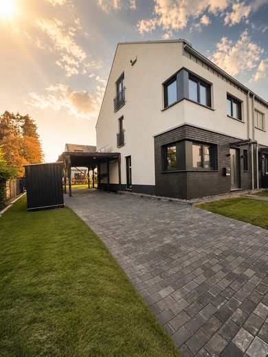 Año de construcción 2025: casa pareada en Geisecke – Seitliche Ansicht mit Einfahrt
