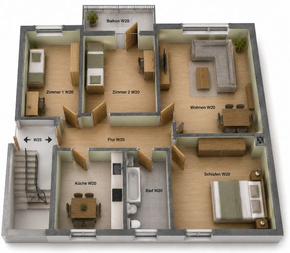 4-Zimmer-Eigentumswohnung 84m² mit Balkon &amp; Fernblick - sofort bezugsfrei in Idar-Oberstein – Grundriss 3D