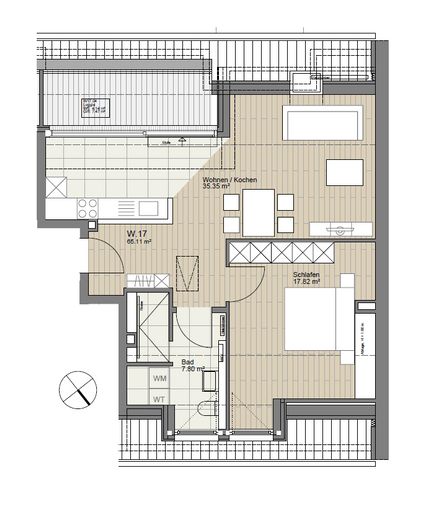 Penthauswohnung mit Dachterrasse: 2-Zimmer-Wohnung mit Einbauküche im Zentrum zu vermieten! – Grundriss der Wohnung 