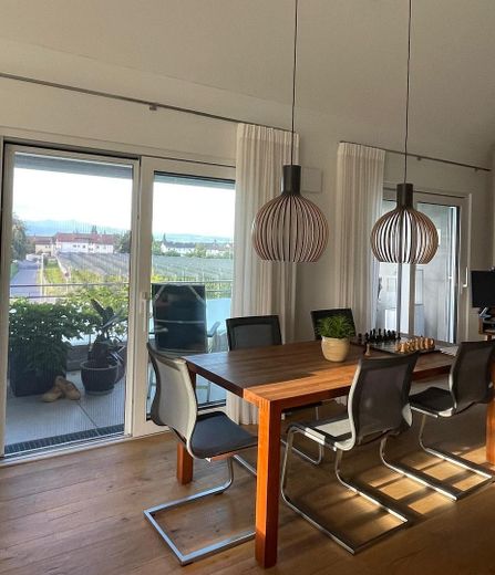 Penthouse mit teilweiser Berg- und Seesicht, 50 m² Außenflächen – Toplage Ailingen – Aussicht Wohnzimmer