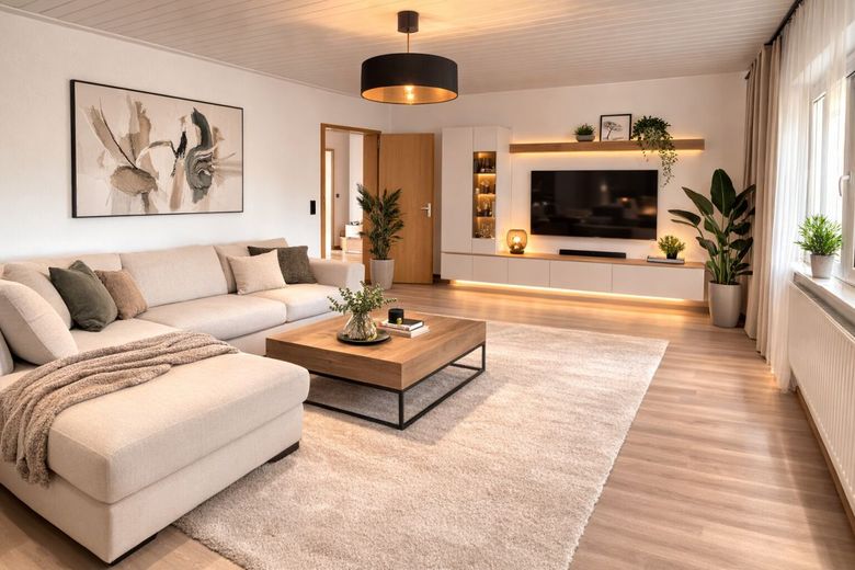 Einmaliger Vierseithof im LK Bamberg! Riesiges Grundstück, 2 x Haus, Halle, 6000 qm Bauland! Garten! – Nach Renovierung - Digitales Homestaging des Wohnzimmers