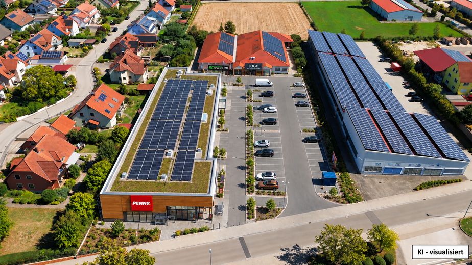 800 - 1000 m² Gewerbefläche mit großem Parkplatz neben Fitnessstudio und Neubau Penny Markt – Luftbild - Visualisiert