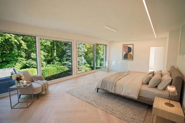 Freistehendes Designhaus am Wald | hochwertig modernisiert , einzugsbereit | 7 Stellplätze – KI_OG_Schlafzimmer_bei_Tag