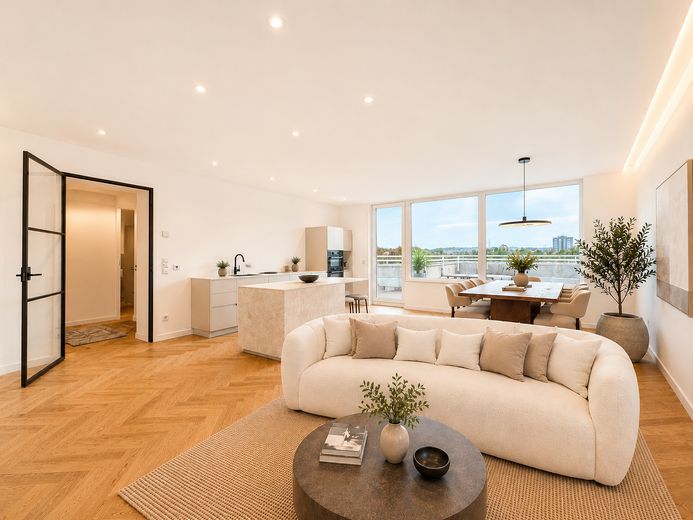 Exklusiver Wohntraum über Köln: Penthouse mit spektakulärer 97 m² Dachterrasse, Provisionsfrei – Wohnküche 2 (KI-möbliert)