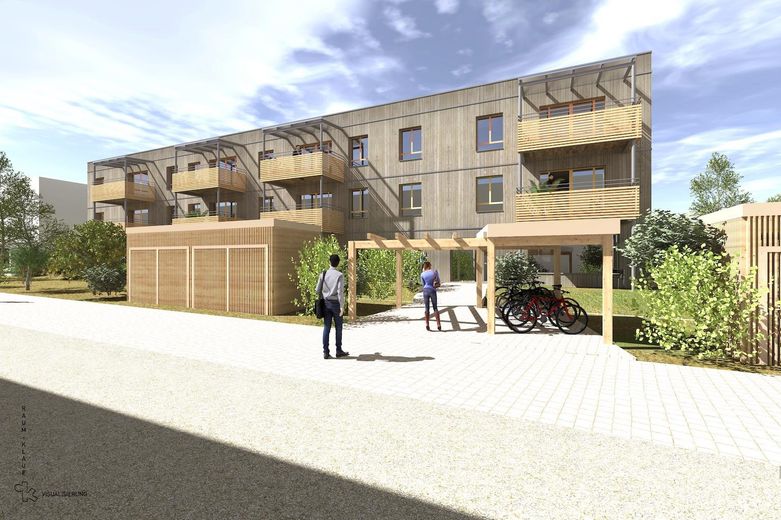 3-Zimmer-Eigentumswohnung in neuem Holzhaus: WohnGut-Erlangen – Visualisierung Südansicht