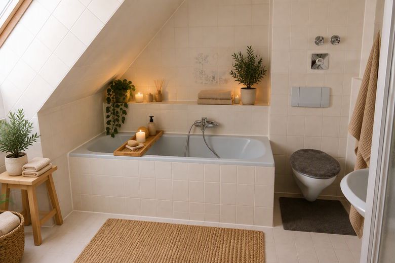 Bezugsfreie Maisonette-Wohnung nahe der Dachauer Altstadt, Erbpacht – Bad, KI bearbeitet