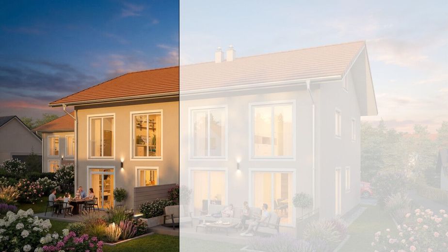 Idyllisch &amp; Modern: Neubau-Doppelhaushälfte am Tor zur Chiemgauer Seenplatte – Gartenansicht