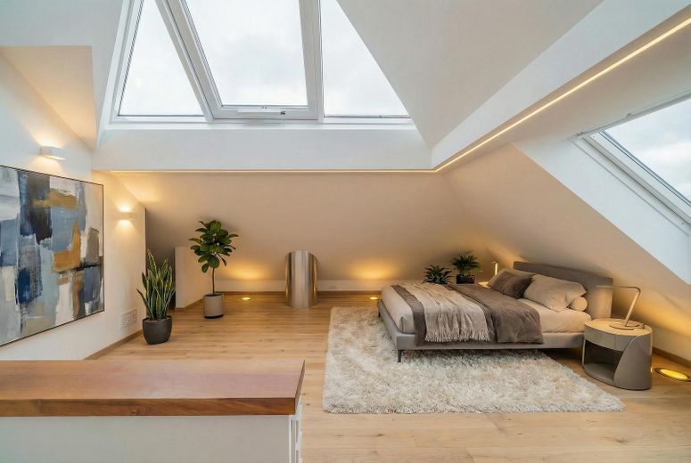 Moderne Dachterrassen-Maisonette-Wohnung mit denkmalgeschütztem Altbauflair – Schlafbereich