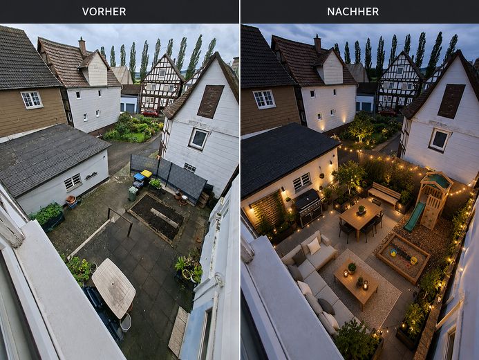 Encantadora casa de entramado de madera con patio interior, dos garajes y mucho potencial – Innenhof aktuell - KI Idee