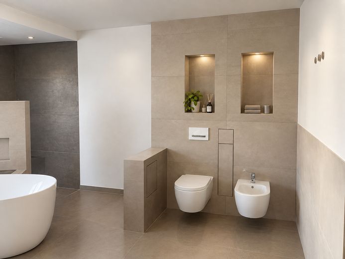 Abitare nel lusso in un attico di 200 m² con capannone, officina, produzione e attività commerciale – Großes Badezimmer