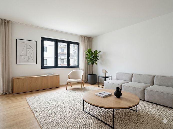 Stilvoll modernisierte Stadt-Oase mit Terrassenzugang, Gartenmitbenutzung und Klimaanlage – Wohnzimmer (Einrichtungsvorsch