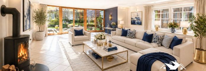Virtuelles Homestaging Wohnzimmer Mediterran - Kaminanschluss möglich!
