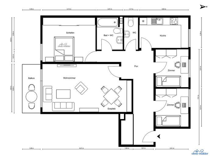 Großzügige 4-Zi.-Whg. (2 2/2 Zi.) mit Balkon/Südlage ; auf großem Grundstück ; provisionsfrei – Grundriss mit Maßketten